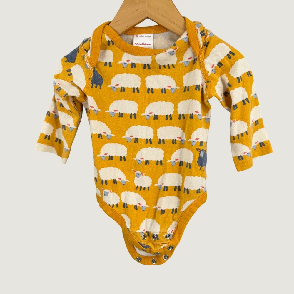 Hanna Andersson Bodysuit 3-6 mos Yellow Sheep Print Organic Cotton Long Sleeve